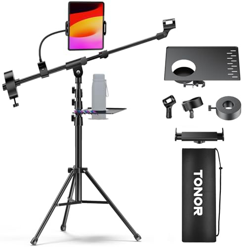TONOR Mikrofonständer mit Tablet-Halterung, Stativarm für Den Boden, Höhe und Winkel Einstellbar, Ständer mit Tragetasche, Telefon iPad-Klemme, mit Getränkehalter und Tablett, 190 cm, T35+