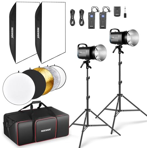 NEEWER 800W Studio Monolight Blitzlicht Set (2er Pack), S101-400W 5600K Studio Flash mit 150W Einstelllampe/Bowens Mount/Softbox/Ständer/Reflektor/RT-16 Auslöser/Tasche für Porträt Produktfotografie