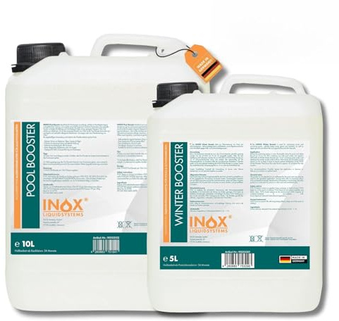 INOX® Pool Wintermittel 5L + Pool Booster 10L, Überwinterungsmittel | Flüssigkonzentrat | 500 bis 600 ml je 10 m³ | pH vorher auf 7,0 bis 7,4 | per Gießkanne verteilen | inkl. Dosierhahn