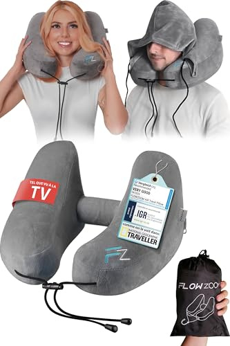 FLOWZOOM Air Nackenkissen Flugzeug in H-Design, Reisekissen für 5 Schlafpositionen, schnell aufblasbar & druckregulierbar, Nackenhörnchen mit Abnehmbarer Kapuze & Plüschbezug - Größe L, Grau