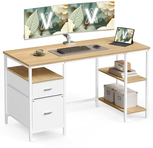 VASAGLE Computertisch, Bürotisch, Schreibtisch, mit 3 Ablagen, 2 Schubladen, 140 x 60 x 76 cm, fürs Büro, Wohnzimmer, moderner Stil, natureichenfarben-perlweiß LWD104Y01
