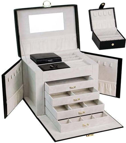 AdelDream Schmuckkasten Schmuckkoffer groß abschließbar 5 Ebenen mit 5 Schubladen mit Spiegel für Ringe Ohrringe Halsketten und Armbänder elegant und klassisch Schwarz