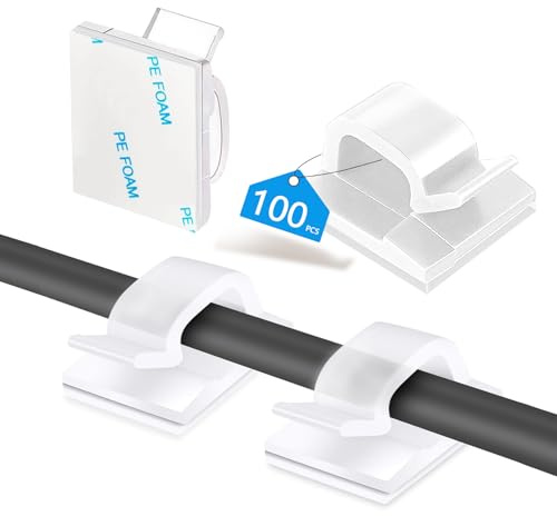 Abnii 100 Stück Kabelhalter Selbstklebend, Kabelclips Schreibtisch für Kabelklemmen Kabelbefestigung Kabelführung Organizer Haken Draht Halter für Kabelmanagement Lichterkette, Groß