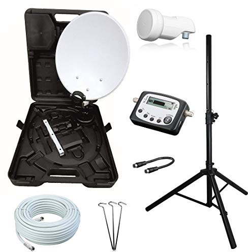 netshop 25 Camping SAT Koffer Schüssel mit HD Single LNB und 10m Kabel + Digital SAT-Finder + Dreibein Stativ bis 100cm (Mobile Sat Anlage 1 Teilnehmer) Set