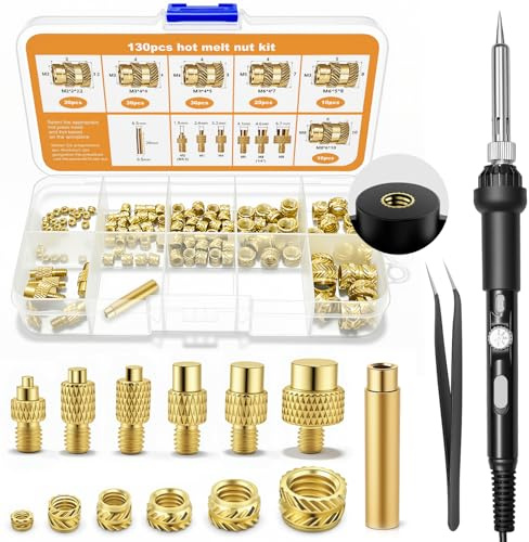 138 Stück Gewindeeinsätz Lötspitzen Set - 60W Temperatur Einstellbar Lötkolben mit 130 Einschmelzgewinde M2/M3/M4/M5/M6/M8, Messing Gewindeeinsätze für Einschmelzen in 3D-Druck-Teile