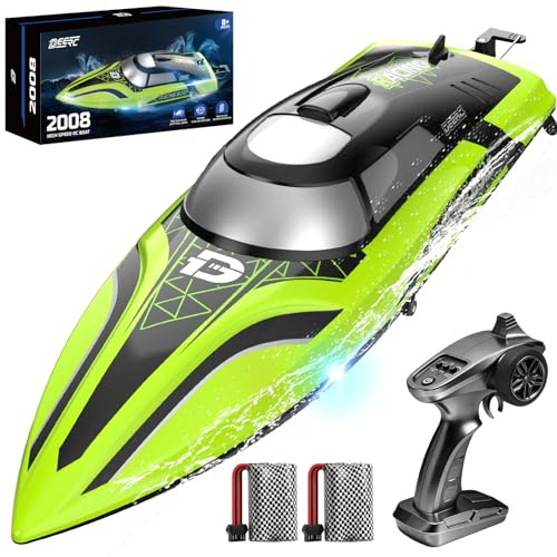 DEERC RC Boot mit LED-Licht, ferngesteuertes, für Pools und Seen, 20+ km/h, 2,4-GHz-Rennboote mit 2 Batterien, Poolspielzeug für Kinder, ferngesteuertes Wasserfahrzeug (Grün)