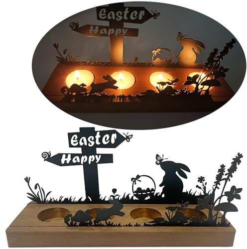 Osterdeko Kerzenhalter aus Holz & Metall – Teelichthalter für 4 Teelichter mit Osterhase & Frühlingsmotiv, Kerzenständer als Tischdeko für Ostern Innen, Ostergeschenk, 1er Set