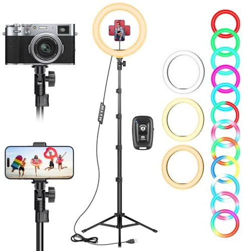 10 Zoll LED Ringlicht mit 61 Zoll Stativständer & Handyhalter, Dimmbare RGB Tischringlicht Handystativhalter mit Ringleuchte für YouTube, Videoaufnahmen, Selfie, Live-Stream, Makeup Fotografie