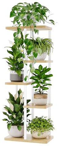 Bamworld Blumenständer Pflanzenständer Pflanzenregal Blumenregal Blumenständer holz 5 Etagen Metall Garten Ecke Balkon Wohnzimmer(Weiß)
