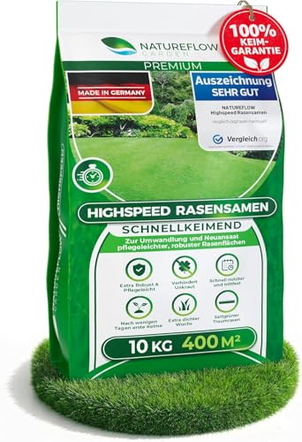 Rasensamen schnellkeimend Frühjahr & Sommer 10kg – TEST SEHR GUT – Grassamen schnellkeimend Rasen Nachsaat Made in Germany – Rasensaat 400qm - Rasensamen Frühjahr & Sommer Samen von Natureflow