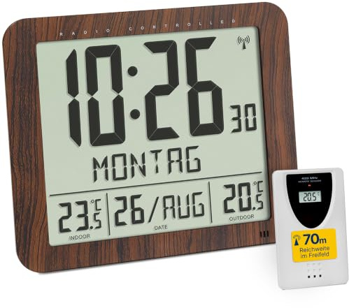 TFA Dostmann Digitale Wanduhr mit Holz Optik, 60.4518.08, inkl Funkuhr mit Außensender, Innen- und Aussentemperatur, gut ablesbar, mit Datum und Wochentag, für Wohnzimmer oder Küche geeignet, braun