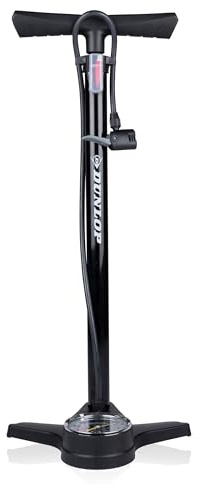 Dunlop Fahrradpumpe mit Manometer - Luftpumpe Fahrrad mit 2 Adaptern - für Alle Ventile - Dunlop, Presta und Schrader Ventil - Pumpe 12 Bar/180PSI - Kunststoff - Schwarz