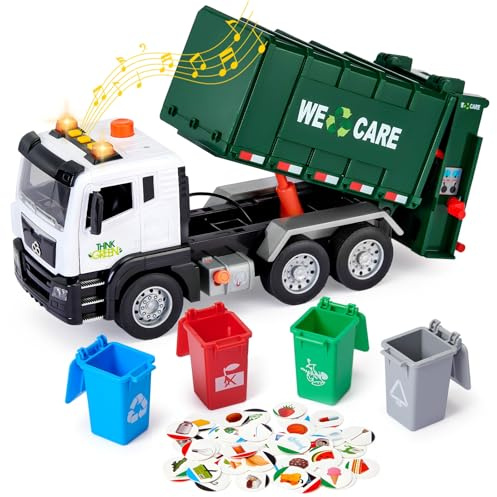 Tacobear Müllauto Müllwagen Spielzeug Geschenke ab 2 3 4 5 Junge, Großer Lastwagen Müllwagen mit 4 Mülleimer Sound und Licht Fahrzeuge Kinder Auto Spielzeug Geschenkideen Kinder Jungen