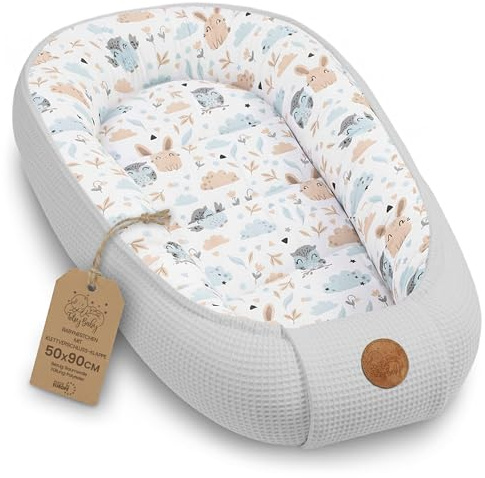 Nestchen Baby Neugeborene – Babynest Babynestchen weich aus Waffelpique | Weicher Kokon Babynest aus Baumwolle atmungsaktiv und kuschelig für Babybett Stubenwagen unterwegs 50x90cm 1. Eulen Grau
