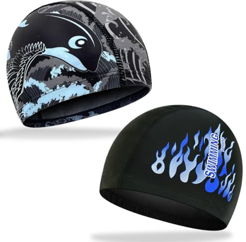 COYUN 2 Stück Elastische Badekappen für Erwachsene, Badekappe langes Haar - Komfortable Stoff Bademütze Weiche Unisex Badekappe Ohrenschutz Schwimmhaube Schwimmkappe Leichte Badehaube für Herren Damen