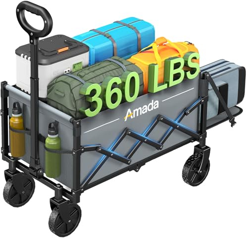 AMADA HOMEFURNISHING Bollerwagen faltbar, klappbarer Bollerwagen mit Maximalbelastung 163kg & Speicherung, Faltbarer Handwagen 90L mit 2 Getränkehaltern für Lebensmittel, Garten & Camp (Graue)