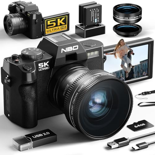 NBD 8K Digitalkamera 64MP mit Autofokus & 16X Zoom, 3 180° klappbarem Display, WiFi – Inkl. Weitwinkel/Makro-Linse + 2 Akkus + 64GB Karte + Mikrofon (Schwarz)