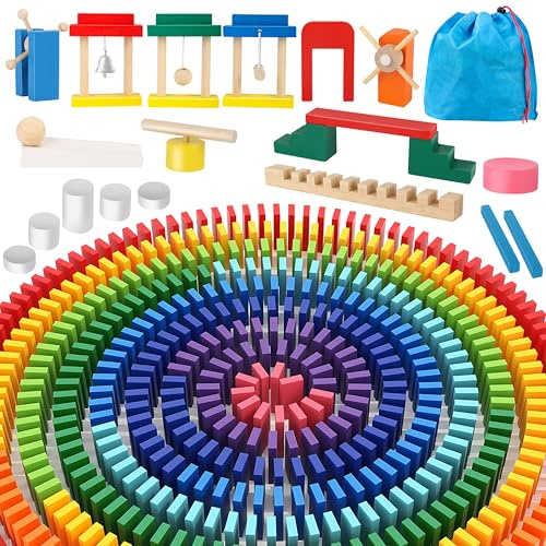 BuntWunder 300 Stück Dominosteine Holzbausteine Domino Spiel Holz Bunte Domino Set Mit Zusatzblöcke Aufbewahrungsbeutel, Holzspielzeug Lernspielzeug Geschenk Domino Kinder Ab 3 4 5 Jahre (300 Pcs)
