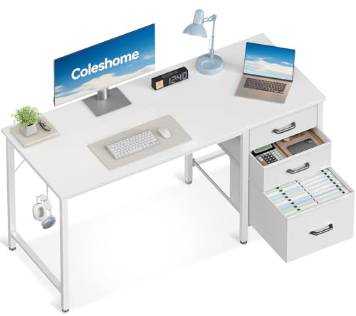 Coleshome Schreibtisch mit 3 Stoff Schubladen, 120x48cm Computertisch mit Kopfhörer Halter, Reversibler PC Schreibtisch Bürotisch für kleines Heimbüro, Weiß