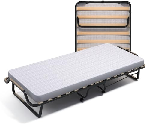 soluko Klappbares Feldbett 90x200 XL Comfort mit Lattenrost, Polyurethan-Matratze und Staubschutzbezug inklusive, Stabile Konstruktion mit 4 Lenkrollen – 100% Made in Italy