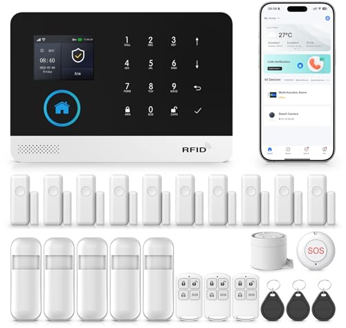 Clouree GSM/WLAN Alarmanlage für Zuhause, Drahtloses Alarmanlage Haus mit Sirene, PIR-Bewegungsmelder, Fernbedienungen, Fenster-/Türsensor, Kompatibel mit Google Assistant (24-Teiliges)