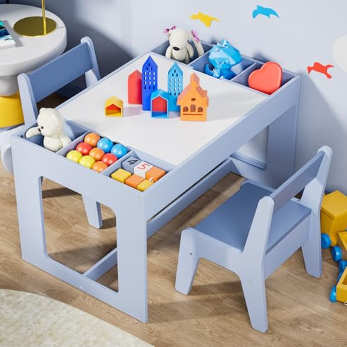 Clevich Kindersitzgruppe mit Stauraum, Kindertisch mit 2 Stühlen, Kinder Tisch Stuhl Set mit wendbarer Tischplatte, Kinderschreibtisch für Kindertagesstätte, für Kinder ab 3 Jahren, Blau