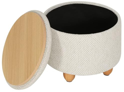 WOLTU Hocker mit Stauraum, Sitzhocker gepolstert rund, Couchtisch mit Massivholzbeine, Fußhocker mit Deckel, Leinenbezug, Ø39x33 cm, Cremeweiß
