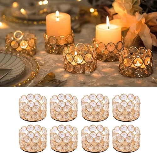 8er Teelichthalter Kristall, Kerzenhalter Gold für Tischdeko und Hochzeit | 6 × 4 cm; facettierte Steine reflektieren warmes Kerzenlicht und schaffen festliche Akzente für Weihnachten und Feiern