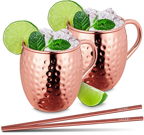 Moscow Mule Becher | Kupferbecher 470ml von LACARI | 2x Kupferbecher & 2x Strohhalme | Moscow Mule Becher 2er Set | Cocktail Bar Geschenk | Inkl. Moscow Mule E-Book
