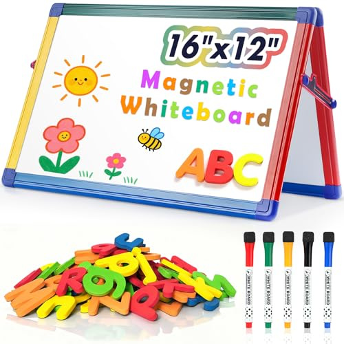 SWANCROWN Whiteboard A3 mit Ständer 40x30cm, Doppelseitig Whiteboard | Trocken Abwischbar, Zusammenklappbar, Enthält 82 Buchstabenmagnete, Magnettafel Whiteboard für Schule und Zuhause