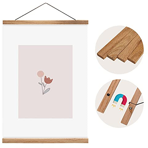Olgs Holz Bilderrahmen hochwertig aus Eiche für Wandbilder, Poster und Fotos magnetisch DIN A4 | Posterleiste Posterschiene Holzrahmen Bilderleiste Klemmleiste (42cm, Eiche)