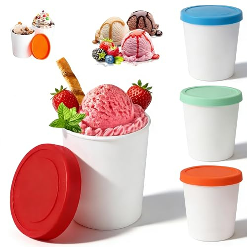 4er-Set Eisbehälter für Speiseeis,Gefrierdosen 250, Wiederverwendbare Eis Behälter Mit Silikon Deckel, Eisbehälter für Selbstgemachtes Eis,Eisbehälter Für Eiscreme, Joghur