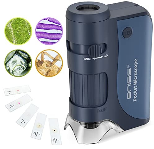 Taschenmikroskop 60-120-facher Zoom mit LED, Handmikroskope für Kinder, Tragbares Mini-Mikroskop mit 5 Mikroskop-Objekten zum Lernen, Bildung und Erkunden