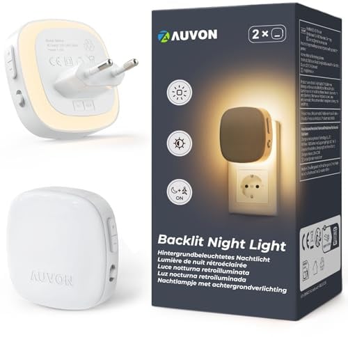 AUVON Nachtlicht Steckdose mit Bewegungssensor und Dämmerungssensor 2 Stück | 2200K Warmweißes LED hinterleuchtete Nachtlicht mit 1-50 lm Helligkeit Einstellbar für Flur Schlafzimmer Treppe Bad Kinder