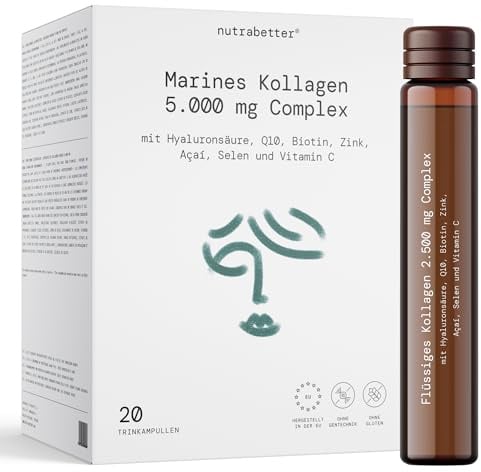 Kollagen Trinkampullen 5.000 mg AQUACOL® – Flüssiges Kollagen hochdosiert + Hyaluronsäure 200 mg + Q10 – Für Haut, Gelenke, Haare & Nägel – Mit Vitamin C, Biotin, Selen, Zink & Açai - nutrabetter®
