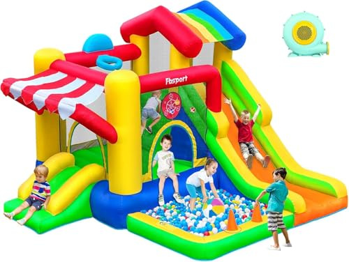 FBSPORT Hüpfburg für Kinder Indoor Outdoor mit Doppel Rutsche, Trampolin, Bällebad, Kletterwand, Fußballplatz und Basketballkorb, Maximale Last 135KG, 322×305×208 cm