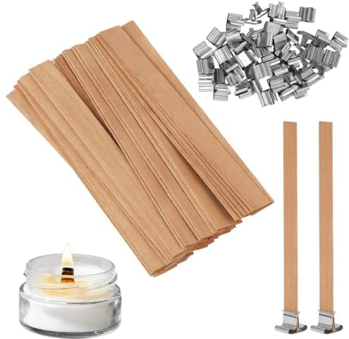 AMFUN 50 Stück Kerzendochte mit 50 Stück Eisenständer, Holzdocht Kerze, Kerzen Machen Holzdocht für DIY Kerzenherstellung Handwerk, Holzdochte für Kerzen, Kerzendocht Holz