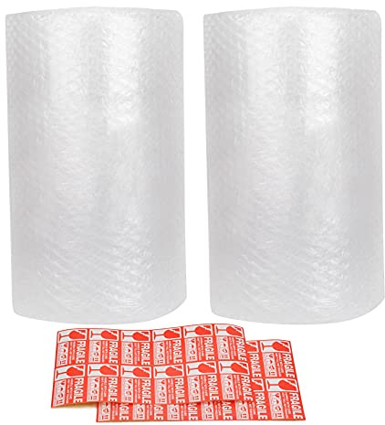 Cymax Luftpolsterfolie für Umzüge und Verpackung, 300 mm x 22 m, perforiert alle 30 cm, 20 zerbrechliche Aufkleber enthalten, 2 Rollen