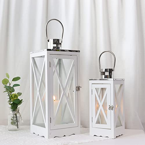 TRIROCKS 2 Stück Kerzenlaterne 63 cm & 46 cm Hoch Weiß Rechteck aus Holz Dekorative Hängende Metall Kerzenhalter mit Glas Outdoor Laterne für Idyllisch Gartendeko Balkon Hochzeit