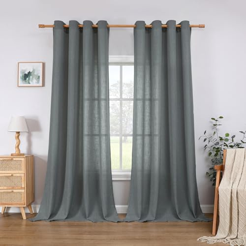 CUCRAF Leinen Vorhänge mit Ösen 2er Set H 225 x B 140 Grau Halbtransparente Leinenvorhang Wohnzimmer Leinenoptik Voile Gardinen Leinenfarbe Schlafzimmer Stores