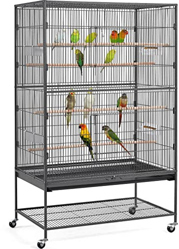 Yaheetech großer Vogelkäfig mit 4 Holzstangen und 360° Rollen, Vogelvoliere mit 2 Türen und schmutzwanneneinsatz 56x93x153 cm, Schwarz