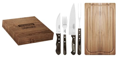 Tramontina BBQ-Set Jumbo, 15-TLG., Grillset mit Grillbesteck, Steakbesteck, Schneidebrett aus Teakholz, Rostfreier Edelstahl, FSC-Zertifiziert, Echtholzgriff, Spülmaschinenfest