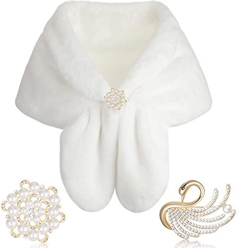 Geyoga Kunstpelz Schal Wickeln Stola Winter Braut Hochzeit Schal mit Damen Kunstperle Strass Brosche (Weiß, M, Kurzes Haar)