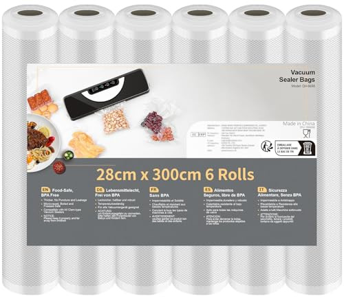 Vihoom Vakuumierbeutel Lebensmittel 6 Rollen 28x300cm(18m), BPA-frei | Vakuumierfolie Profi-Folienrollen Vakuumierer, stark & reißfest, für Vakuumierer, Sous Vide, Mikrowelle, Gefrieren
