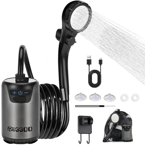 riggoo Campingdusche Tragbare, 8000mAh Camping Dusche Akku mit Pumpe und Temperaturanzeige, Outdoor Mobile Duschen mit Duschkopf und 2M Schlauch für Garten, Strand,Haustier,Autowaschen,Reisen