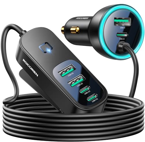 Rocoren Zigarettenanzünder USB C Autoladegerät Adapter 105W, PD3.0 QC3.0 6-Port Kfz Ladegerät mit 1.5m Kabel Auto Zubehör Camping Gadget Kompatibel mit iPhone Samsung iPad Pro Schwarz