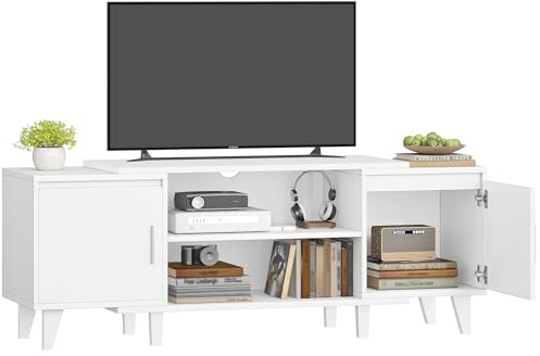 Hzuaneri TV- Schrank, Fernsehschrank, für TV-Geräte unter 65 Zoll, TV-Ständer mit 2 Schränken und 2 Freiflächen, 140 x 40 x 51,5 cm, für Wohnzimmer, Schlafzimmer, Esszimmer, Weiß TV16703E