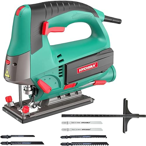HYCHIKA Stichsäge, 800W Max Holz Schnitttiefe 110mm, 800-3000SPM Elektrische Stichsäge mit Laser, 6 Blätter, Fasenschneiden: -45 °bis 45°