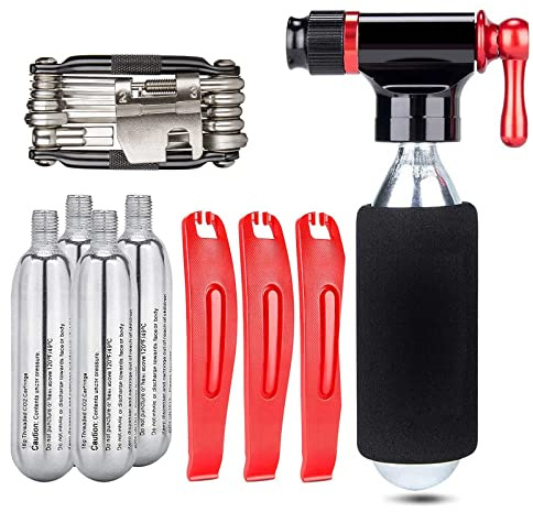 Kadacha CO2 Inflator Kit mit 5x16 g CO2 Gewindekartuschen – Kompatibel mit Presta und Schrader Ventilen–tragbare CO2 Fahrrad Reifenpumpe mit FahrradMultitool für Rennräder und MTB