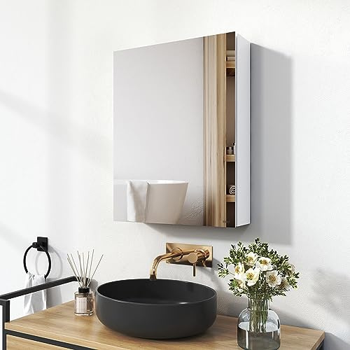 EMKE Spiegelschrank Bad 50x65cm, Weiß Mattiert | Badezimmer Spiegelschrank mit Spiegel, Badschrank Wandschrank, höhenverstellbaren Glasablage